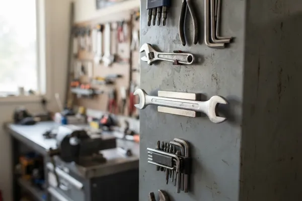 Wrenches and hand tools held in place by bar magnets on a metal tool cabinet.