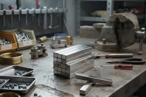 Stacked bar magnets on a workbench surrounded by screws and tools.